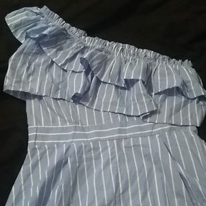 One shoulder blue striped dress